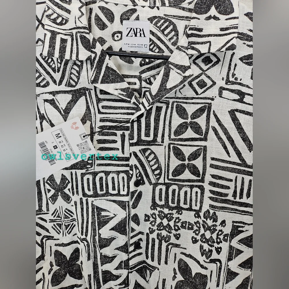 New Zara Men's Geometric Print Shirt Black White 0399/064 - Picture 4 of 9
